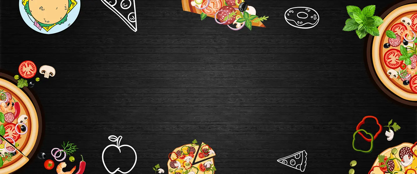 Food background with pizza, burger, and chalk style food drawings on black wood texture